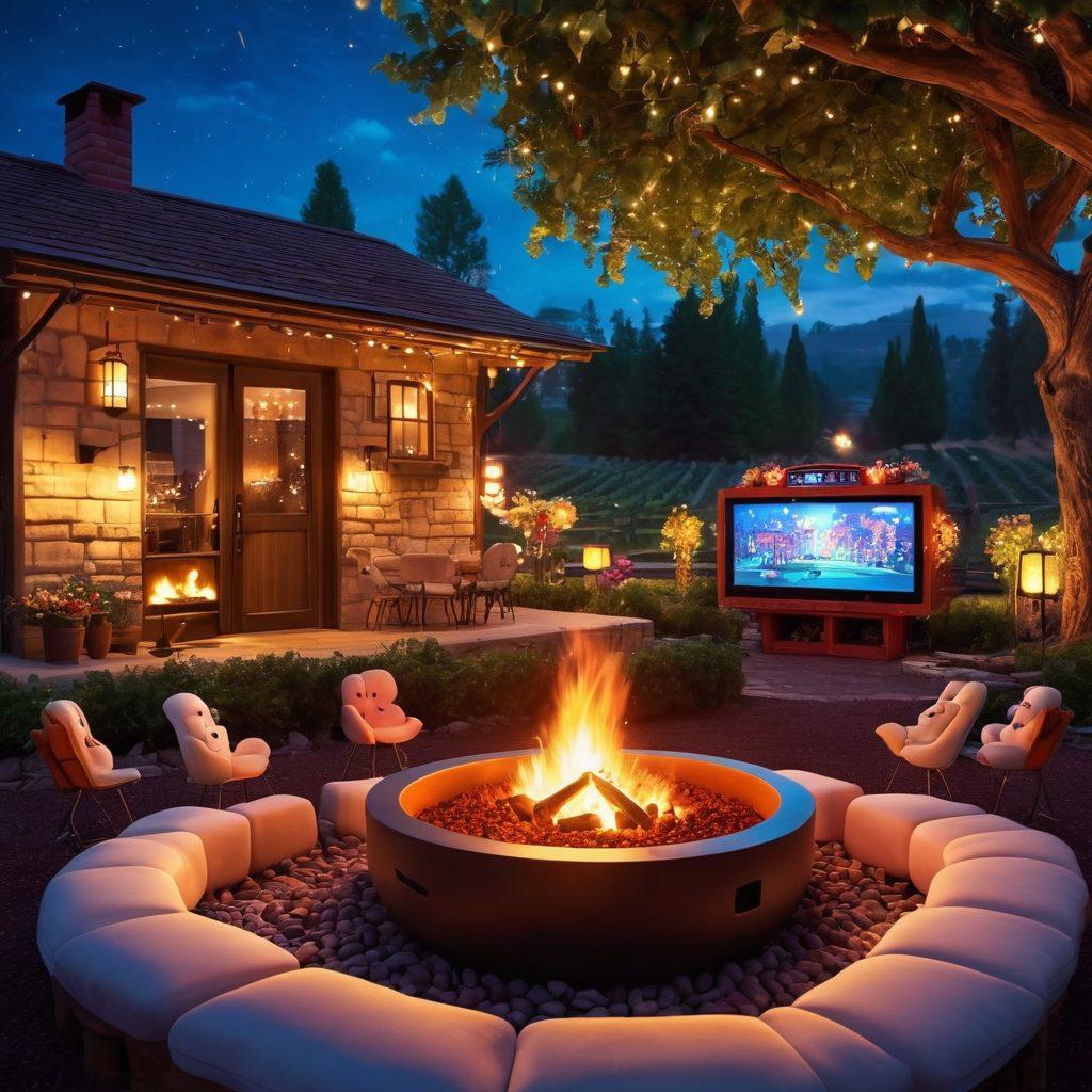 A whimsical scene blending a vibrant winery and a lively gaming arcade, with clusters of wine glasses intertwined with game controllers. Playful characters roast marshmallows over virtual fire pits while sipping wine, surrounded by digital screens displaying wine trivia games. Soft fairy lights glow overhead, creating a cozy atmosphere. An inviting vineyard landscape stretches in the background. super-realistic. vibrant colors. soft focus.
