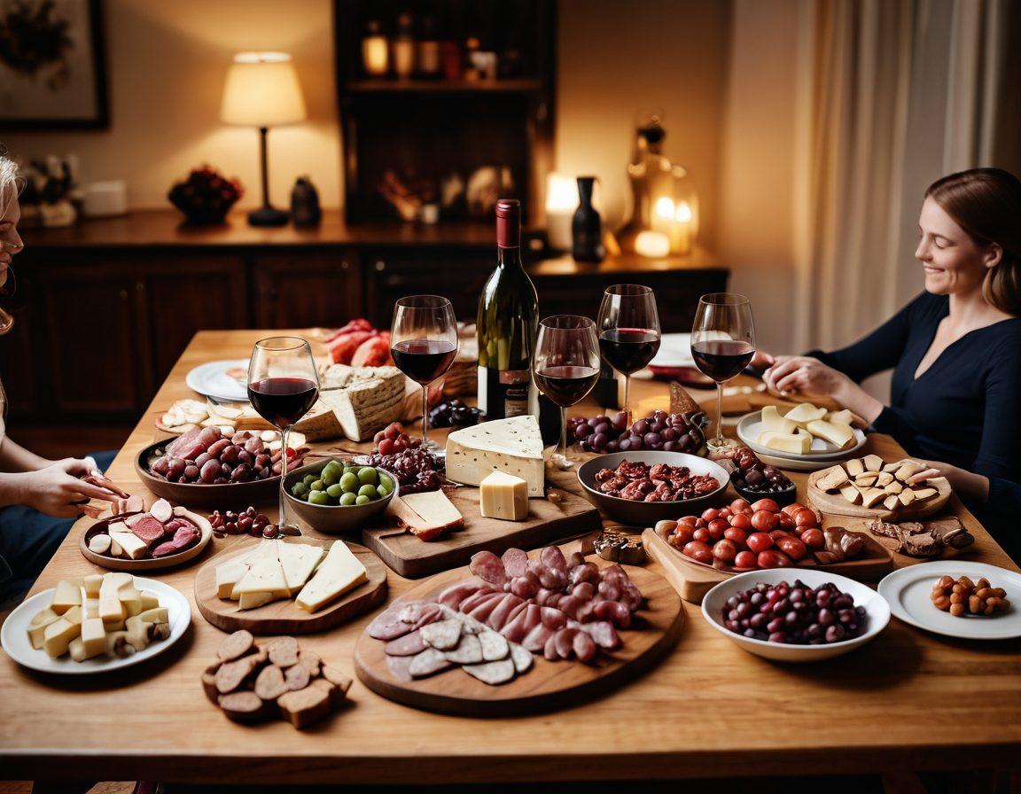 A cozy game night scene featuring a beautifully set table with various board games scattered around, elegant wine glasses filled with different red and white wines, cheese and charcuterie boards artistically arranged, warm ambient lighting creating an inviting atmosphere, friends laughing and enjoying the moment together. super-realistic. warm colors. soft focus.