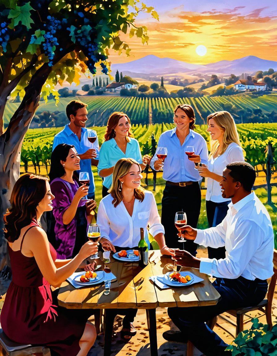 A lively vineyard scene featuring diverse groups of friends joyfully tasting wine, surrounded by lush grapevines under a golden sunset. Include a wooden table laden with various wine bottles and glasses, along with gourmet snacks, while a musician plays nearby creating an inviting atmosphere. Captivating colors and an emphasis on interaction and enjoyment enhance the lively essence of wine culture. vibrant colors. painting.